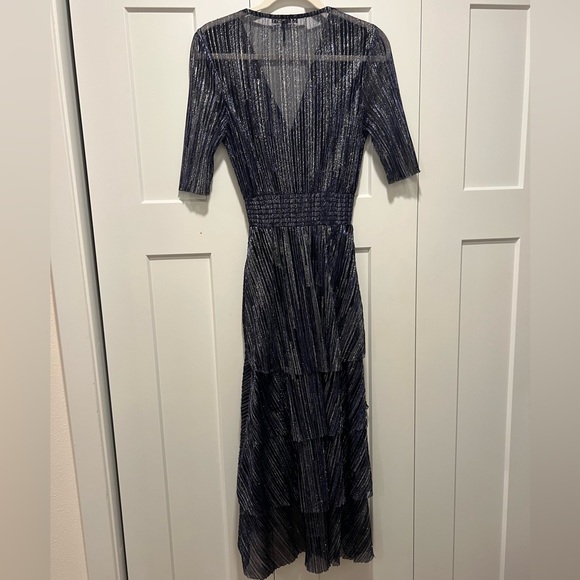 Maje Paris Full Lamé Dress with Ruffles Silver and Blue Sheer Back - Picture 5 of 11